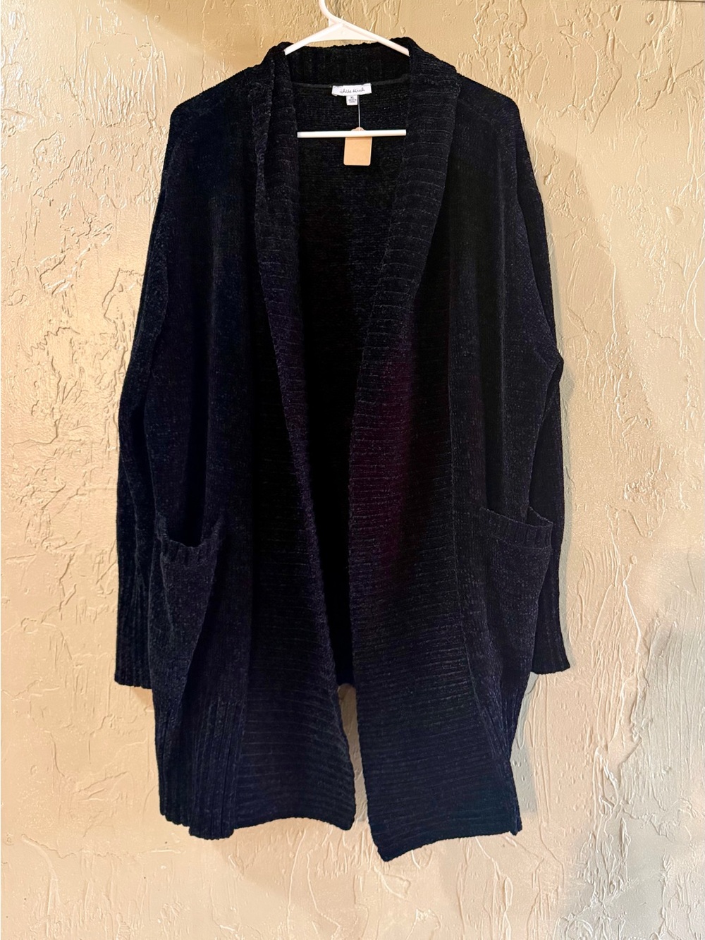 White Birch Womens XL Black Chenille Cardigan Sweater Open Front Pockets NWT